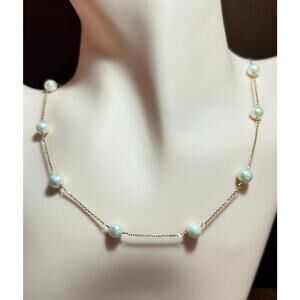 14k solid yellow Gold 6.5mm freshwater Pearl bead chain Necklace 15.5”
